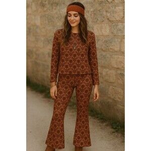 DX Collection Pantsuit Retro Sweater Top Flare Pants Metallic Made In Italy M